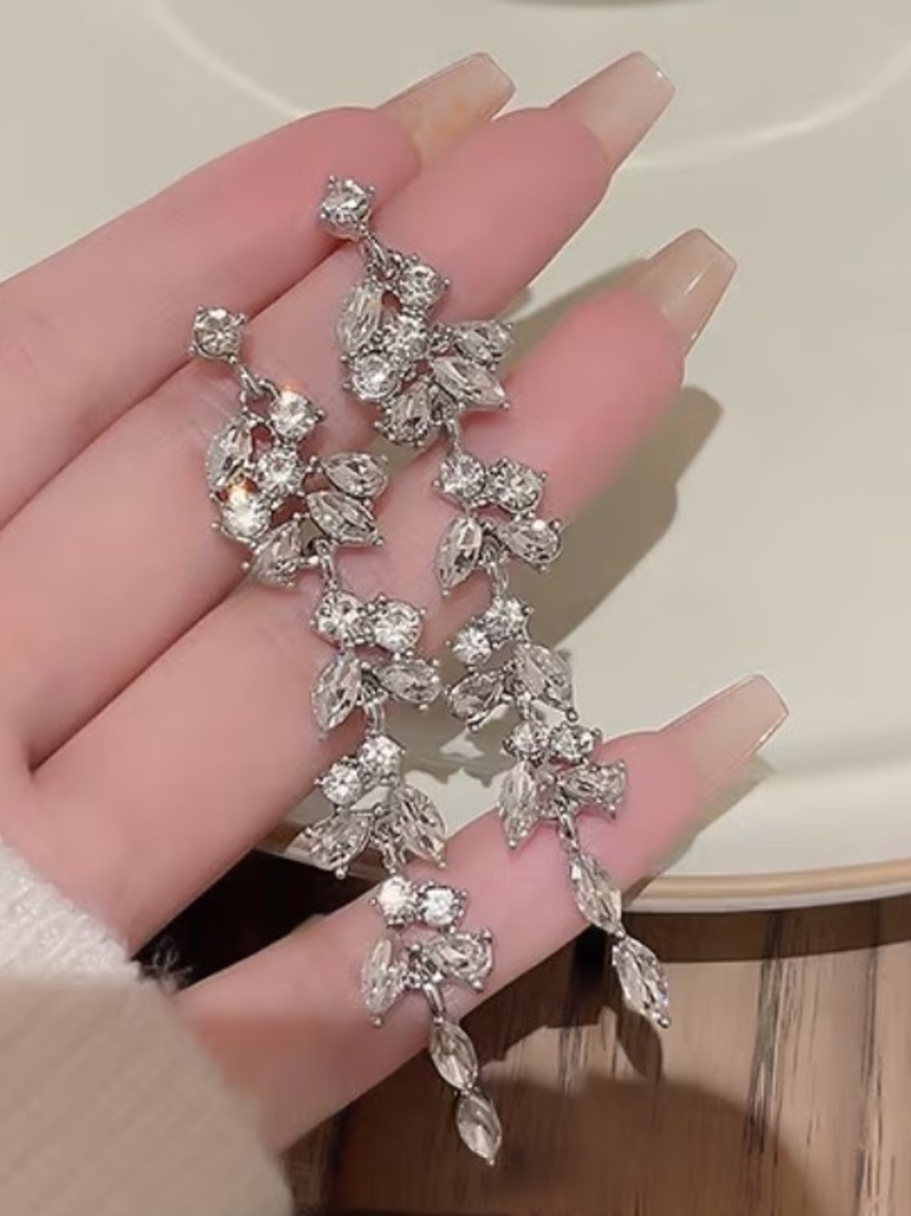 Silver Crystal Floral Cascade Earrings - Sparkling Drop Style